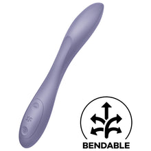 Load image into Gallery viewer, Front view from the side of the Satsifyer G-Spot Flex 2 Multi Vibrator, on the bottom showing the intensity controls marked by + and -, and in the middle of the controls is the SF logo. On the bottom right is an icon for Bendable.