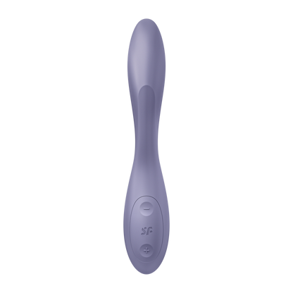 Front view of the Satisfyer G-Spot Flex 2 Multi Vibrator, with the intensity controls showing in the bottom marked by = and -, with the SF logo in the middle of the controls.