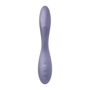 Front view of the Satisfyer G-Spot Flex 2 Multi Vibrator, with the intensity controls showing in the bottom marked by = and -, with the SF logo in the middle of the controls.