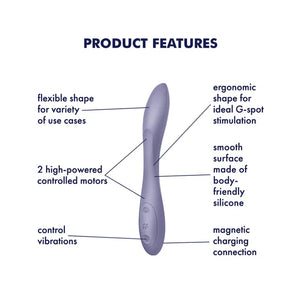 Satisfyer G-Spot Flex 2 Multi Vibrator Product Features clockwise: Ergonomic shape for ideal G-Spot stimulation, smooth surface made of body-friendly silicone, magnetic charging connection, control Vibrations, 2 high-powered controlled motors, flexible shape for variety of use cases.