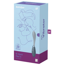 Load image into Gallery viewer, Front of the package for the Satisfyer G-Spot Flex 3 Multi Vibrator shows the satisfyer logos on the top, the Multi Vibrator on the right side with the intensity controls visible at the bottom of the vibrator, on the left side an icon for BENDABLE, and on the bottom right is the 15 Year Guarantee mark. On the right side og the package is written Multi Vibrator with the &quot;SF&quot; logo tag sticking out.