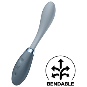 The Satisfyer G-Spot Flex 3 Multi Vibrator facing the top, on the handle of the vibrator are the intensity controls marked with - and + and the "SF" logo in the middle of the controls. on the bottom right is an icon for BENDABLE.