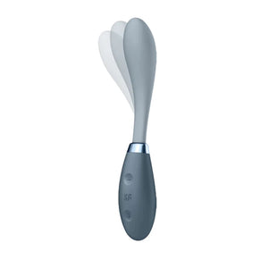 Satisfyer G-Spot Flex 3 Multi Vibrator showing the flexibility of the top part of the multi vibrator, on the left side of the handle are visible intensity controls marked by - and +, with the "SF" logo in the middle.