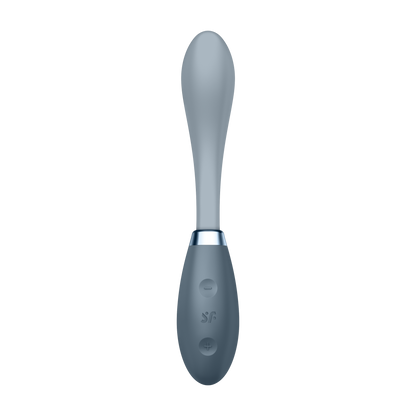 Front of the Satisfyer G-Spot Flex 3 Multi Vibrator with the intensity controls on the handle, marked by 1 and + with the SF logo in the middle.