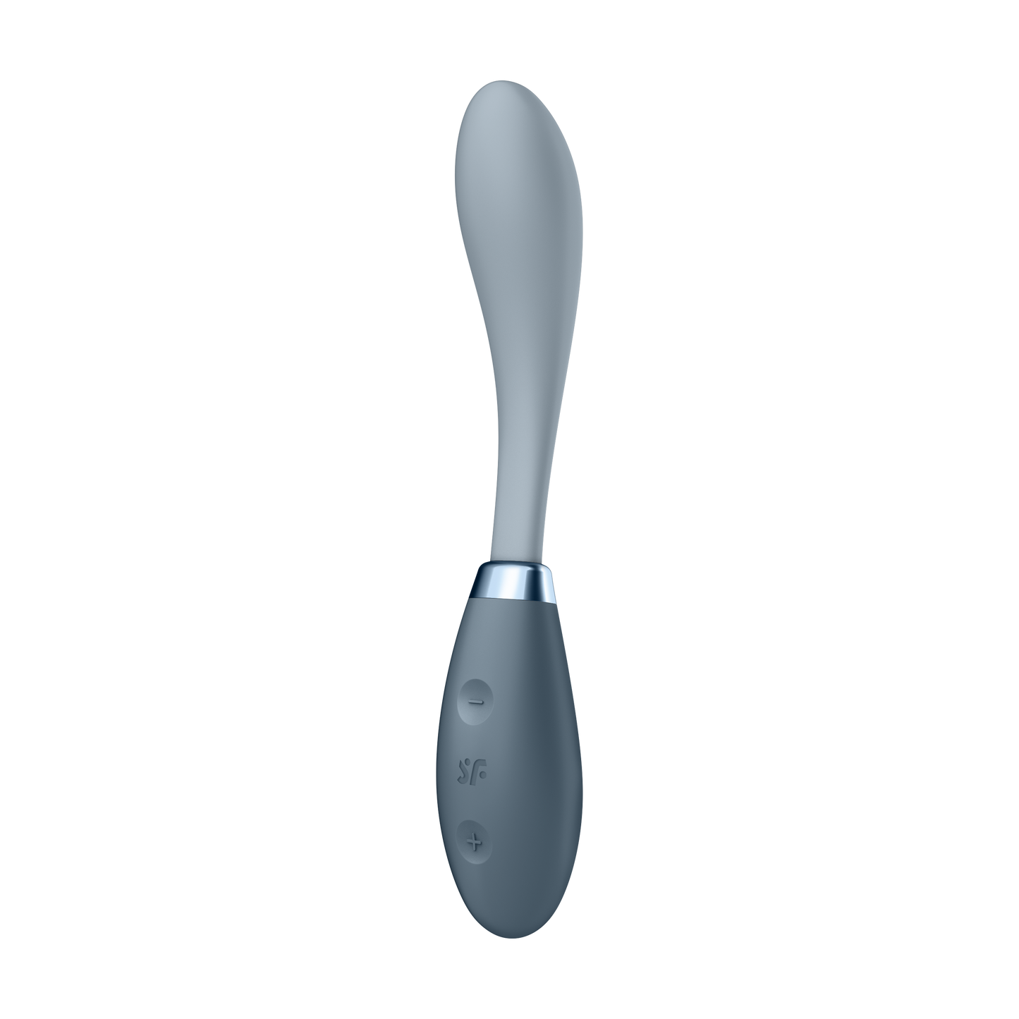 Front side of the Satisfyer G-Spot Flex 3 Multi Vibrator with the intenisity controls visible on the left side of the handle marked by + and - with the SF logo in between the controls.