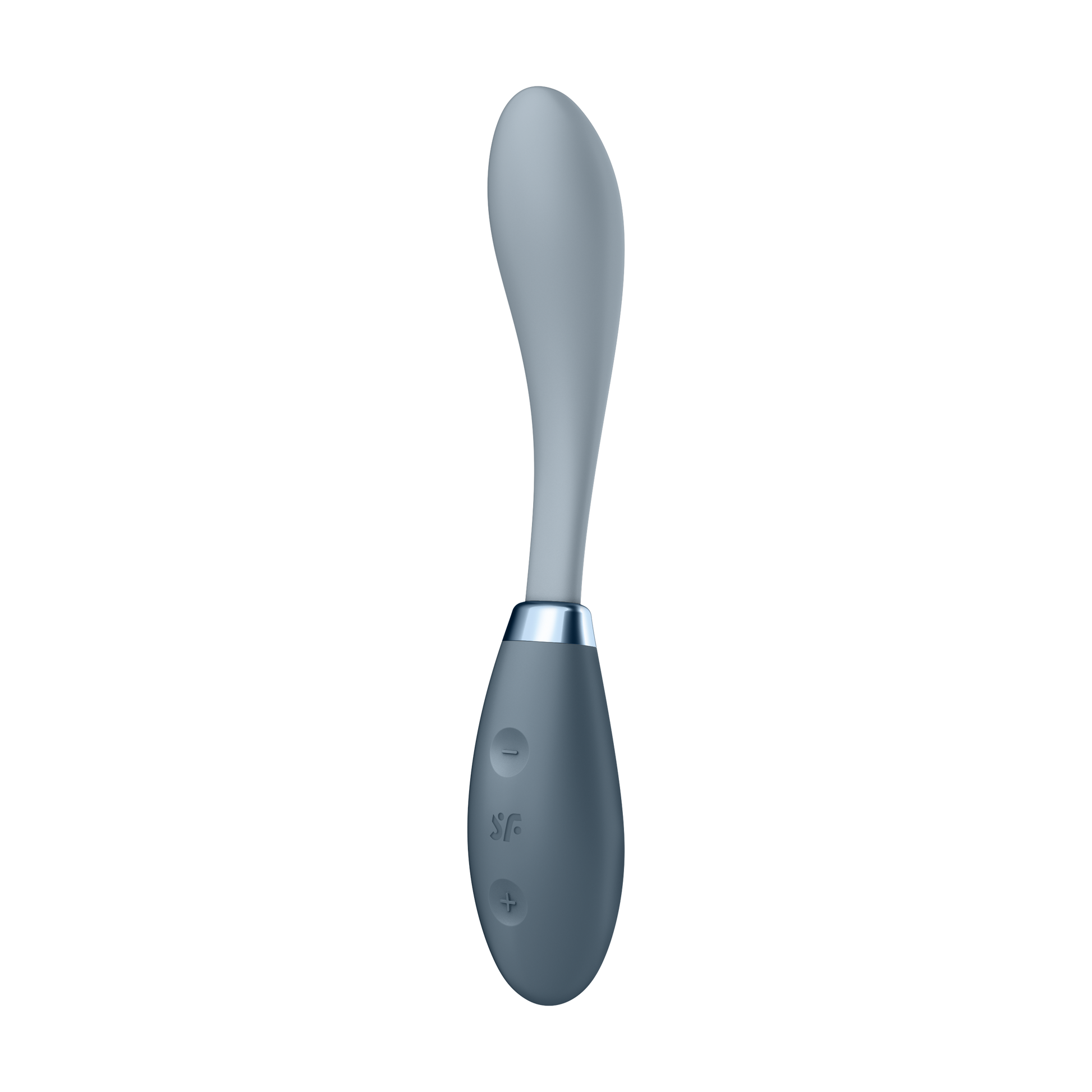 Front side of the Satisfyer G-Spot Flex 3 Multi Vibrator with the intenisity controls visible on the left side of the handle marked by + and - with the SF logo in between the controls.