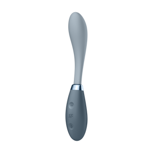 Front side of the Satisfyer G-Spot Flex 3 Multi Vibrator with the intenisity controls visible on the left side of the handle marked by + and - with the SF logo in between the controls.