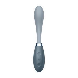 Front of the Satisfyer G-Spot Flex 3 Multi Vibrator with the intensity controls on the handle, marked by 1 and + with the SF logo in the middle.