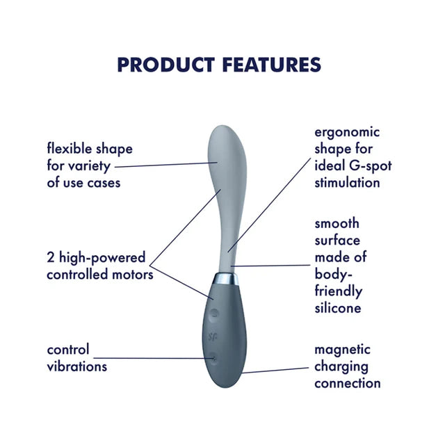 Satisfyer G-Spot Flex 3 Multi Vibrator Product Features clockwise: ergonomic shape for ideal G-spot stimulation, smooth sruface made of body-friendly silicone, magnetic charging connection, control vibrations, 2 high-powered controlled motors, flexible shape for variety of use cases.