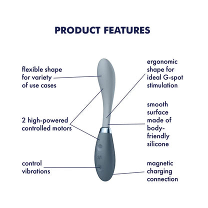 Satisfyer G-Spot Flex 3 Multi Vibrator Product Features clockwise: ergonomic shape for ideal G-spot stimulation, smooth sruface made of body-friendly silicone, magnetic charging connection, control vibrations, 2 high-powered controlled motors, flexible shape for variety of use cases.