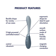 Load image into Gallery viewer, Satisfyer G-Spot Flex 3 Multi Vibrator Product Features clockwise: ergonomic shape for ideal G-spot stimulation, smooth sruface made of body-friendly silicone, magnetic charging connection, control vibrations, 2 high-powered controlled motors, flexible shape for variety of use cases.