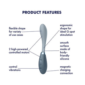 Satisfyer G-Spot Flex 3 Multi Vibrator Product Features clockwise: ergonomic shape for ideal G-spot stimulation, smooth sruface made of body-friendly silicone, magnetic charging connection, control vibrations, 2 high-powered controlled motors, flexible shape for variety of use cases.