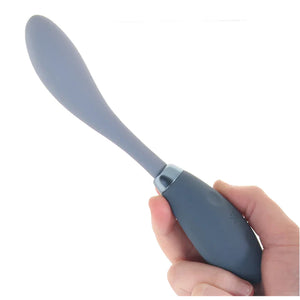 Scaled size of the Satisfyer G-Spot Flex 3 Multi Vibrator shown by being held at the handle.