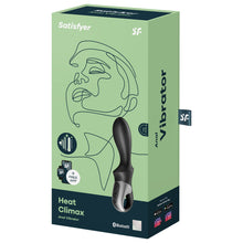 Load image into Gallery viewer, Front package of Satisfyer Heat Climax Anal Vibrator, on the top are the Satisfyer logos on the left side + free app with smart phone &amp; watch indicating app integration, on the right side is the Anal Vibrator facing front left, with the controls on the handle, with Bluetooth logo and 15 year manufacturer&#39;s guarantee on the bottom right.