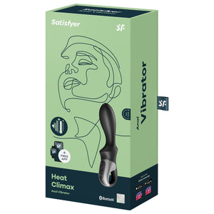 Front package of Satisfyer Heat Climax Anal Vibrator, on the top are the Satisfyer logos on the left side + free app with smart phone & watch indicating app integration, on the right side is the Anal Vibrator facing front left, with the controls on the handle, with Bluetooth logo and 15 year manufacturer's guarantee on the bottom right.