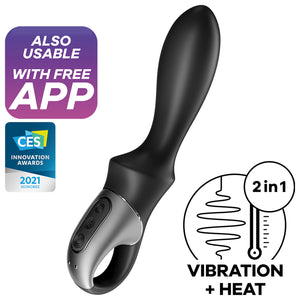Also Usable with Free App. CES Innovation Awards 2021 Honoree. In the middle is the Satisfyer Heat Climax Anal Vibrator facing front right side, with the controls on the handle, and the charging port is visible at the bottom. on the bottom right is an icon for 2 in 1 Vibration + Heat.