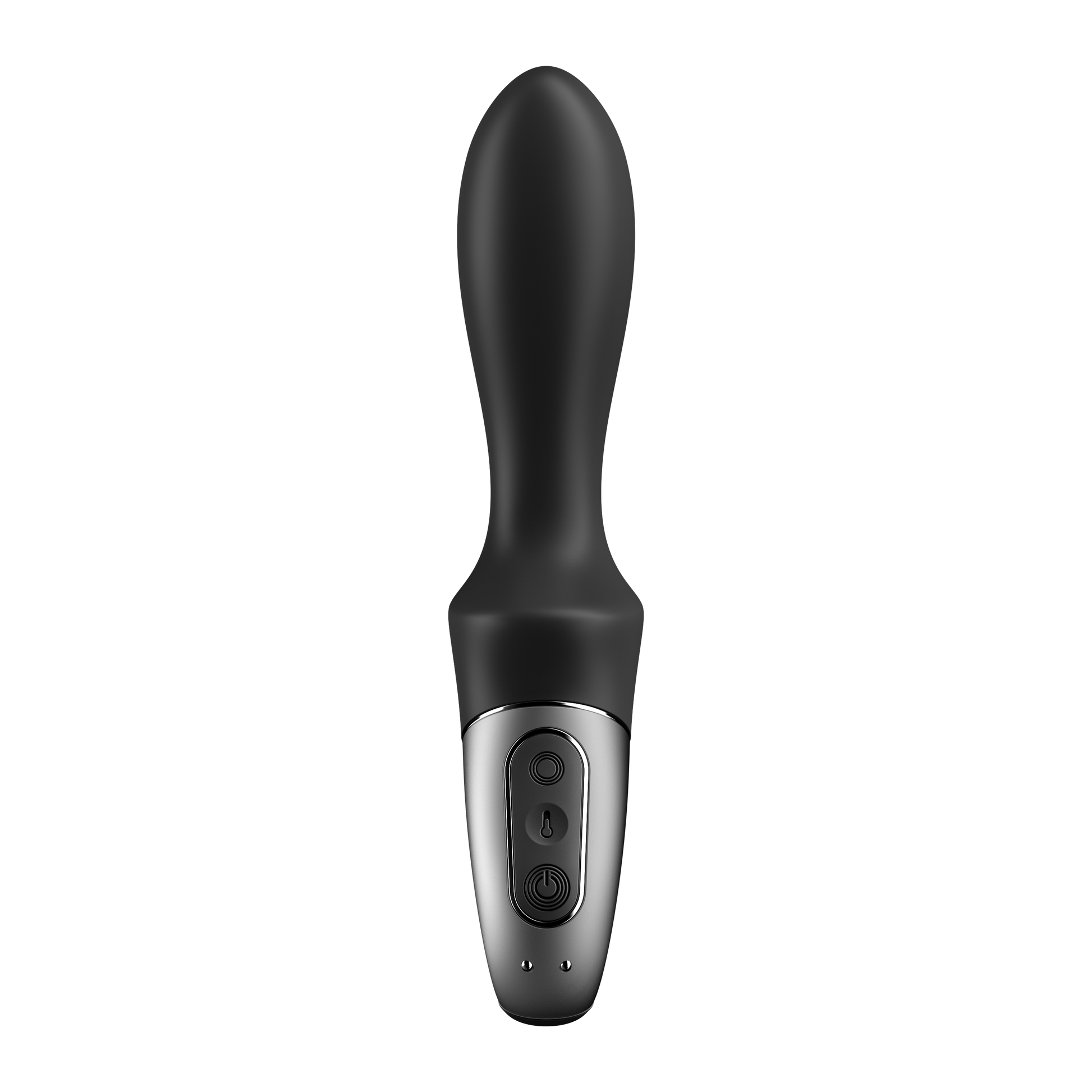 Front view of the Satisfyer Heat Climax Anal Vibrator with the controls visible at the centre of the handle, and the charging port at the very bottom of the handle