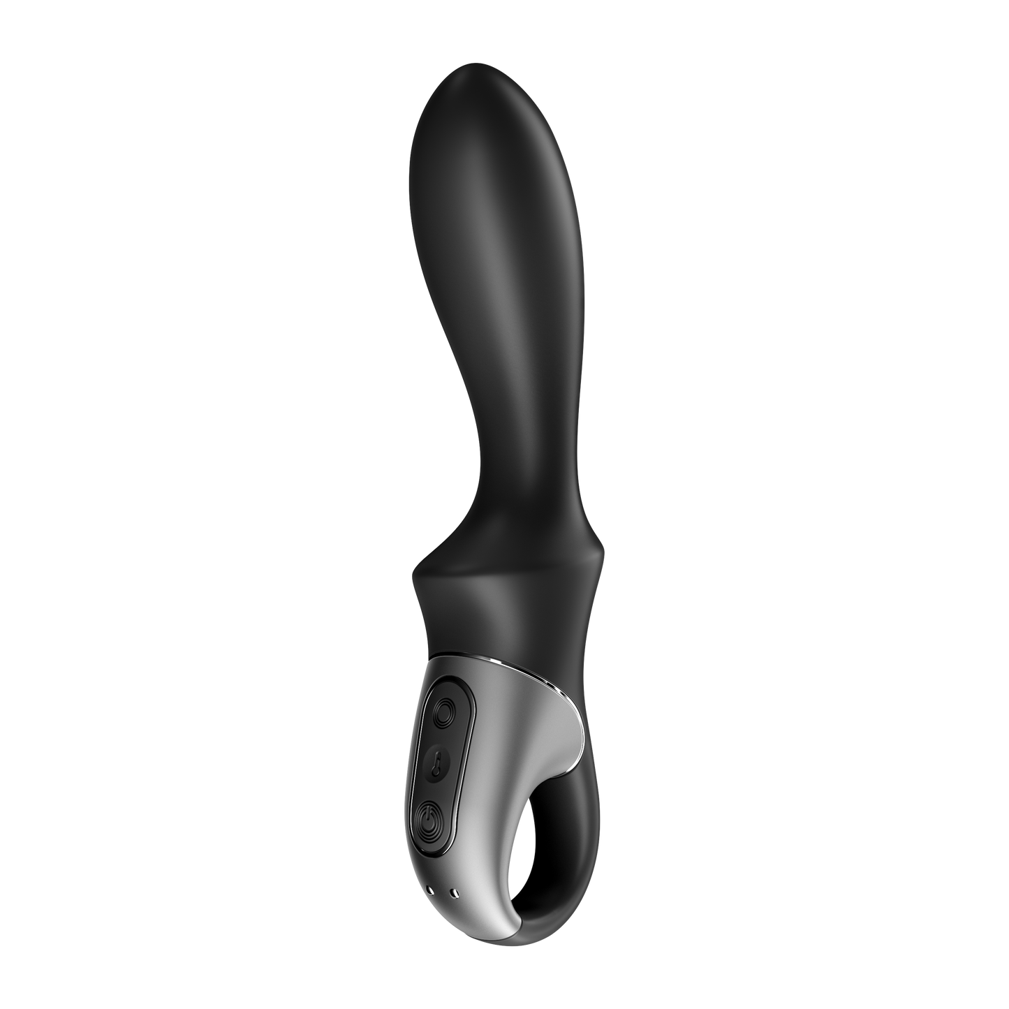 Front left side of the Satisfyer Heat Climax Anal Vibrator with the controls visible on the handle, and the charging port on the bottom of the handle