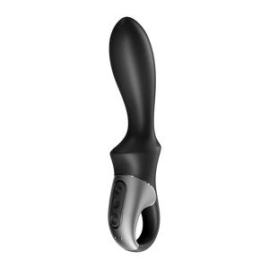 Front left side of the Satisfyer Heat Climax Anal Vibrator with the controls visible on the handle, and the charging port on the bottom of the handle