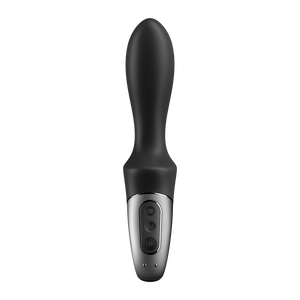 Front view of the Satisfyer Heat Climax Anal Vibrator with the controls visible at the centre of the handle, and the charging port at the very bottom of the handle