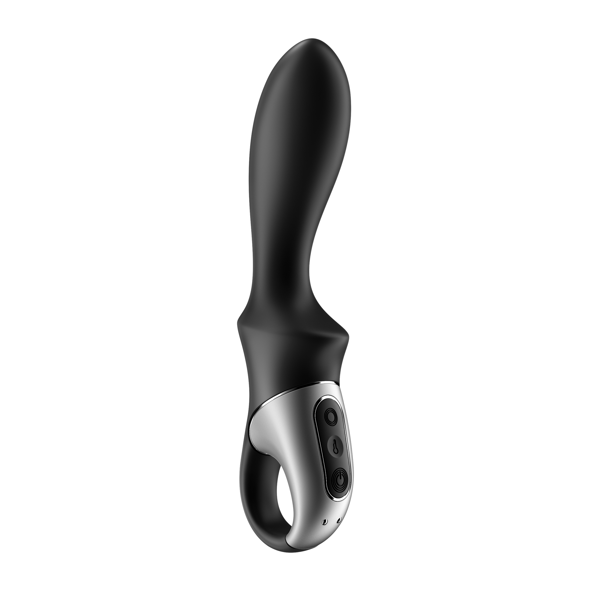 Front right side of the Satisfyer Heat Climax Anal Vibrator, with the controls visible on the handle and the charging port at the bottom of the handle.