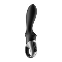Load image into Gallery viewer, Front right side of the Satisfyer Heat Climax Anal Vibrator, with the controls visible on the handle and the charging port at the bottom of the handle.