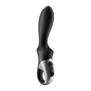 Front right side of the Satisfyer Heat Climax Anal Vibrator, with the controls visible on the handle and the charging port at the bottom of the handle.