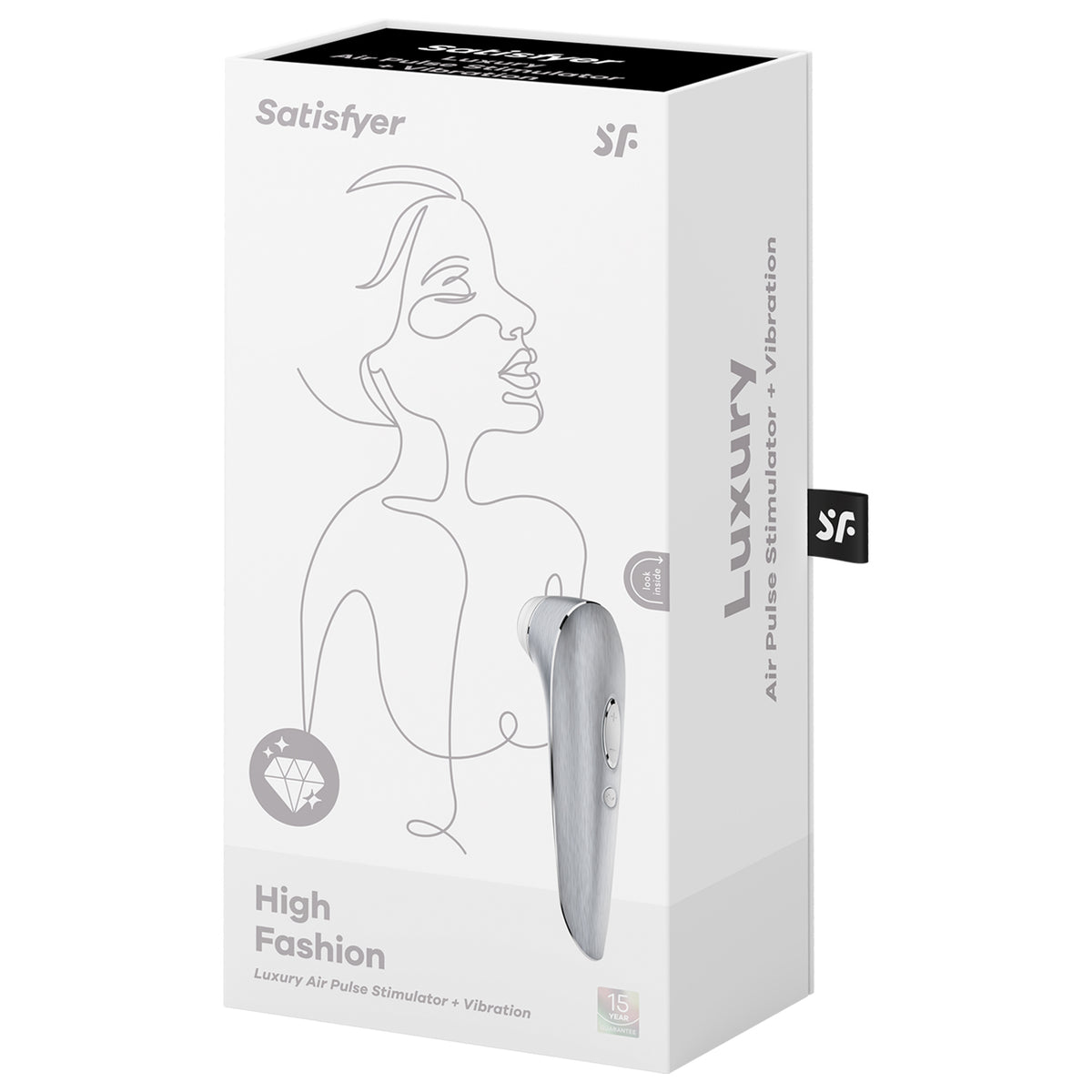 Front of the package for the Satisfyer High Fashion Luxury Air Pulse Stimulator + Vibration. On the left side is a diamond icon representing luxury, and on the right side is the Air Pulse Stimulator facing front side with the controls visible on the handle. 15 Yeah Guarantee icon is on the bottom right. On the right side of the package is written Luxury Air Pulse Stimulator + Vibration.