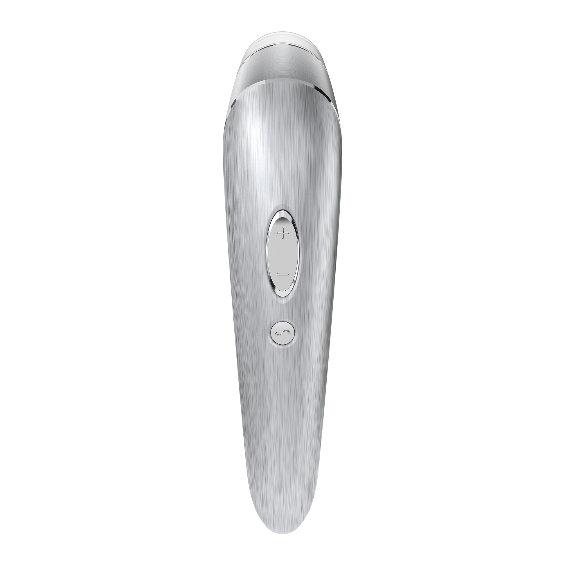 Back side of the Satisfyer High Fashion Luxury Air Pulse Stimulator + Vibration. The + / - dual bottom is visible on the nadle and bellow that is the wave button.