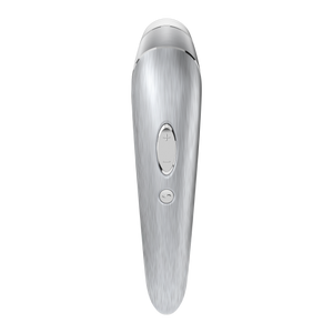 Back side of the Satisfyer High Fashion Luxury Air Pulse Stimulator + Vibration. The + / - dual bottom is visible on the nadle and bellow that is the wave button.