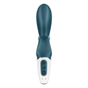 Front of the Satisfyer Hug Me Rabbit Vibrator with controls on the middle of the handle (lower part of the Rabbit Vibrator), with three buttons placed top to bottom, marked by 3 circles, a wave, and a power button. On the bottom of the handle is the charging port.