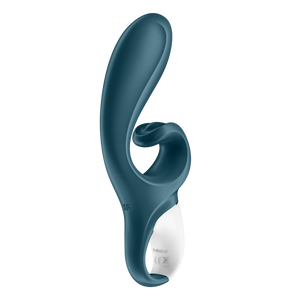 Back side of the Satisfyer Hug Me Rabbit Vibrator with a SF logo on the back part of the handle.