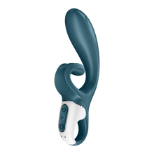 Load image into Gallery viewer, Front side of the Satisfyer Hug Me Rabbit Vibrator. Controls on the handle (lower part of the Rabbit Vibrator), with three buttons placed top to bottom, marked by 3 circles, a wave, and a power button. On the bottom of the handle is the charging port.