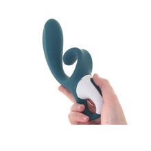 Load image into Gallery viewer, A hand is holding the Satisfyer Hug Me Rabbit Vibrator