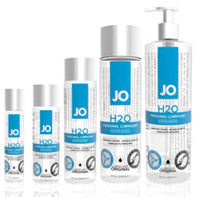 Load image into Gallery viewer, System JO H2O Personal Lubricants a full set of size variants offered. Left to right: 1 oz (30 ml), 2 oz (60 ml), 4 oz (120 ml), 8 oz (240 ml), and 16 oz (480 ml).