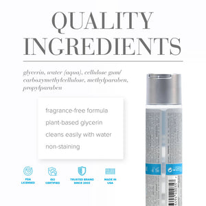 Quality Ingredients: Glycerin, Water (Aqua), Cellulose Gum, Carboxymethylcellulos, Methylparaben, Propylparaben. Fragrance-free formula, plant based glycerin, cleans easily with water, and non-staining. FDA Licensed, ISO Certified, Trusted Brand since 2003, Made in USA.