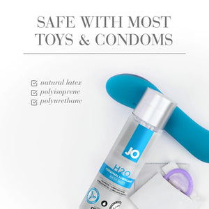 Safe with most toys & condoms. Natural latex, polyisoprene, and polyurethane.