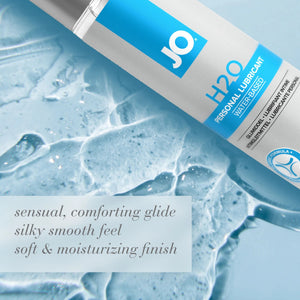 JO H2O Personal Lubricant Water-Based. Sensual, comforting glide, silky smooth feel, soft & Moisturizing finish.