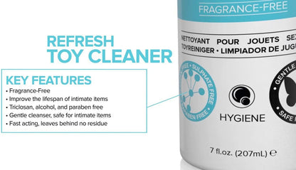 Refresh Toy Cleaner Key Features: Fragrance-Free; Improves the lifespan of intimate items; Triclosan, alcohol, and paraben free; Gentle cleanser, safe for intimate items; Fast acting, leaves behind no residue. On the right side is a bottom of the JO Refresh Foaming Toy Cleaner Hygiene 7 fl. oz. (207 mL) bottle.