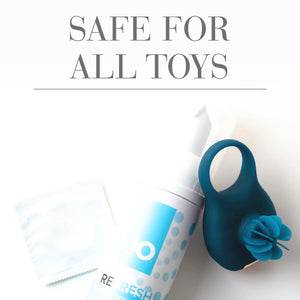 Safe for all toys a bottle of JO Refresh with an adult toy