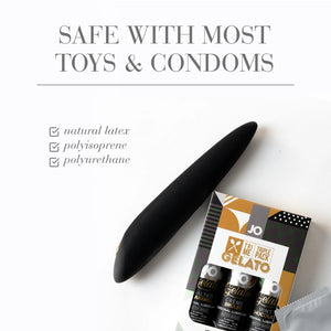 Safe with most toys & condoms. (checked) natural latex, (checked) polyisoprene, (checked) polyurethane. Bottom right is a pack of JO Tri Me Triple Pack Gelato Lubricant 3 bottles - 1 fl oz (30 mL) each