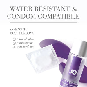 Water Resistant & Condom Compatible. Safe with most condoms: (checked) natural latex, (checked) polyisoprene, (unchecked) polyurethane. Bottom right is a bottle of JO XTRA Silky Personal Lubricant