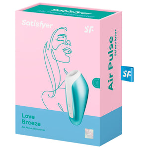 Front of the package for the Satisfyer Love Breeze Air Pulse Stimulator, on the right side is the ice blue Love Breeze Stimulator facing the front with visible controls to the left, and on the bottom right is a 15 Year Guarantee mark. On the right side of the package is written Air Pulse Stimulator with a tag sticking out from the back with the SF logo on it.