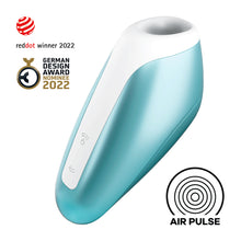 Load image into Gallery viewer, Satisfyer Love Breeze Air Pulse Stimulator reddot winner 2022, German Design Award Nominee 2022. In the center is the ice blue variant of the product with two control button visible on the bottom left of the product. On the bottom right is an icon for Air Pulse.