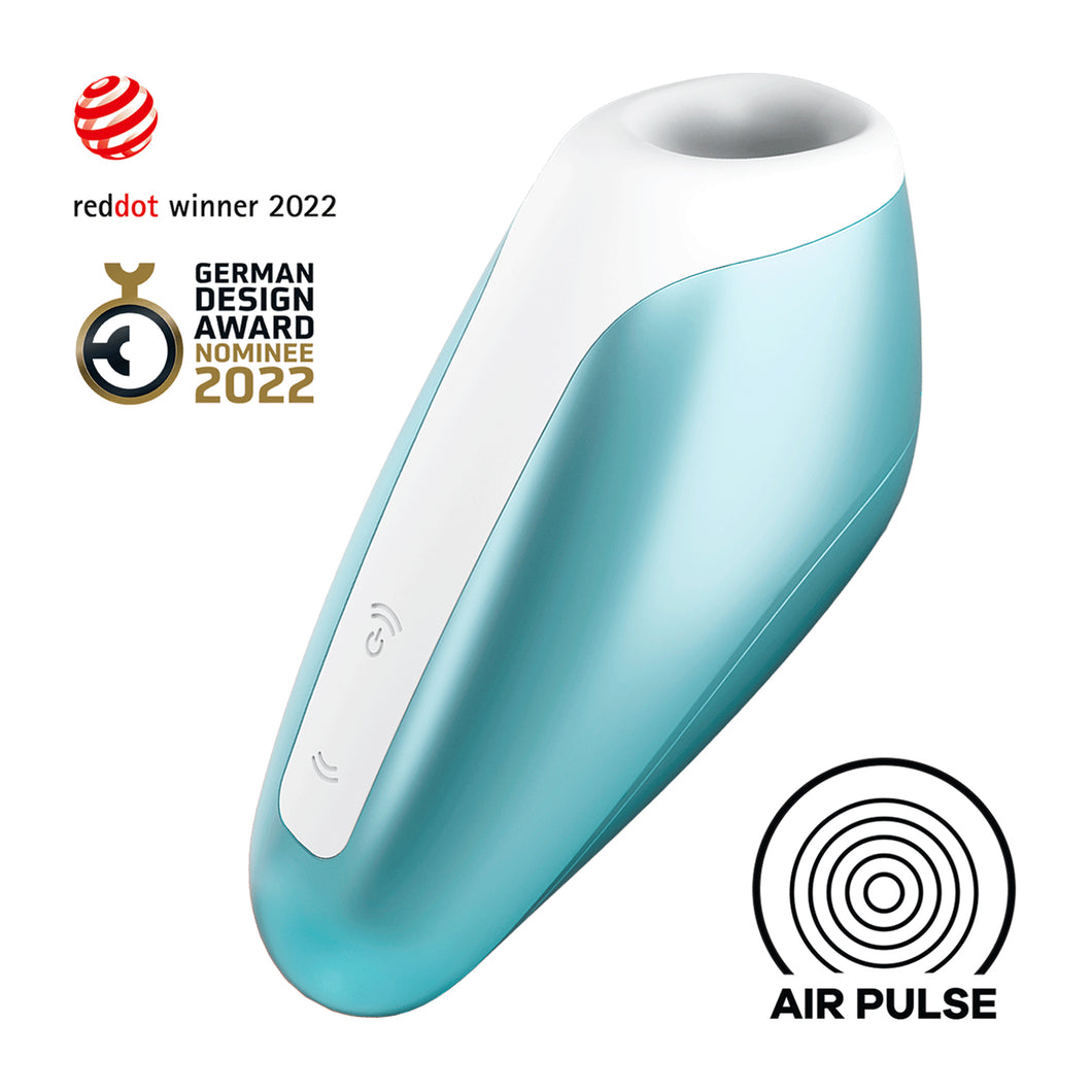Satisfyer Love Breeze Air Pulse Stimulator reddot winner 2022, German Design Award Nominee 2022. In the center is the ice blue variant of the product with two control button visible on the bottom left of the product. On the bottom right is an icon for Air Pulse.