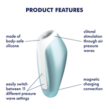 Load image into Gallery viewer, Satisfyer Love Breeze Air Pulse Stimulator Product Features (clockwise): clitoral stimulation through air pressure waves (pointing to the mouth of the stimulator); magnetic charging connection (pointing to the bottom, and behind the stimulator); easily switch between 11 different pressure wave settings (pointing to the dual button on the bottom left of the stimulator); made of body-safe silicone (pointing to the mouth on top of stimulator).