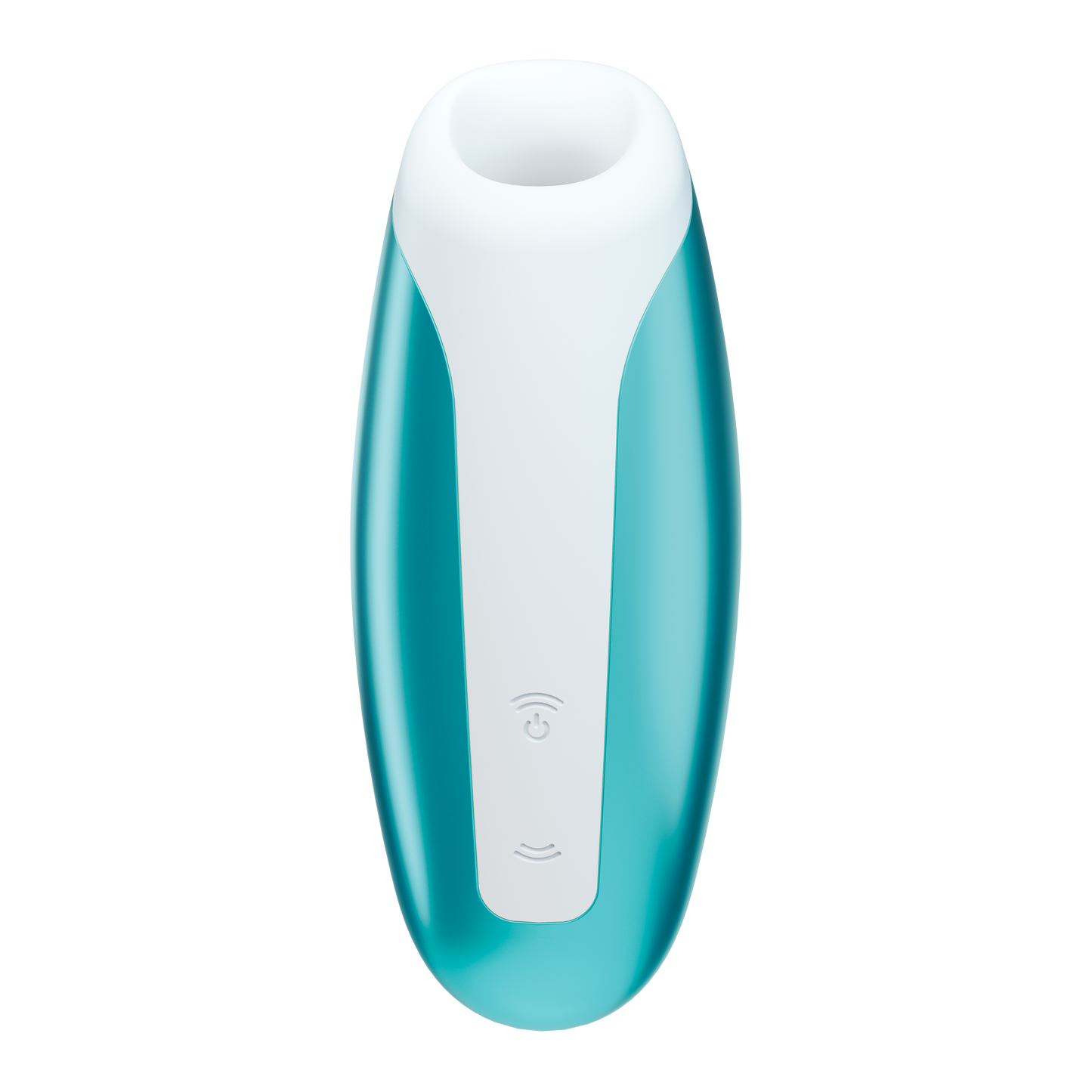 Front of the Ice Blue Satisfyer Love Breeze Air Pulse Stimulator, control buttons in the lower middle part of the product, marked by two arching sound  waves facing opposite of each other, and the top wave button is also the power button.