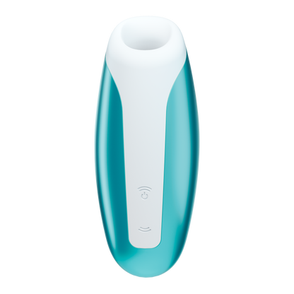 Front of the Ice Blue Satisfyer Love Breeze Air Pulse Stimulator, control buttons in the lower middle part of the product, marked by two arching sound  waves facing opposite of each other, and the top wave button is also the power button.