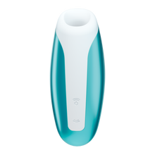 Load image into Gallery viewer, Front of the Ice Blue Satisfyer Love Breeze Air Pulse Stimulator, control buttons in the lower middle part of the product, marked by two arching sound  waves facing opposite of each other, and the top wave button is also the power button.