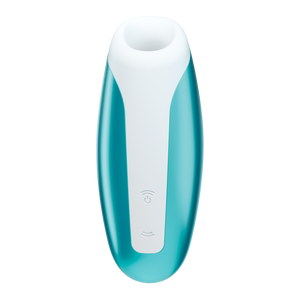 Front of the Ice Blue Satisfyer Love Breeze Air Pulse Stimulator, control buttons in the lower middle part of the product, marked by two arching sound  waves facing opposite of each other, and the top wave button is also the power button.